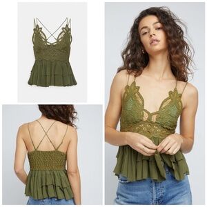 NEW! FREE PEOPLE Small Adella Olive Sparrow Lace Spaghetti Strap Cami Top Ruffle